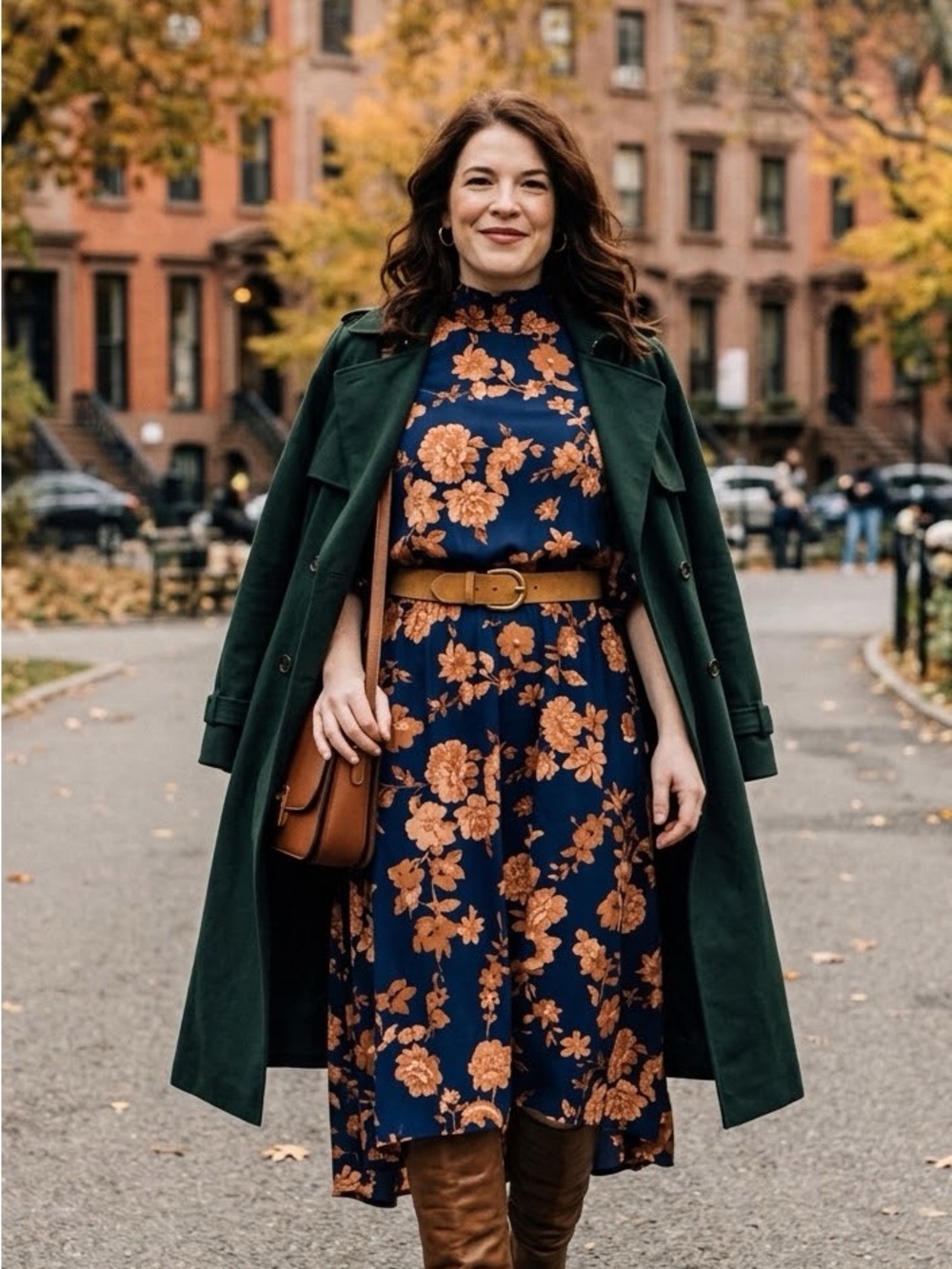 Navy Floral Midi Dress with Burnt Orange Blooms